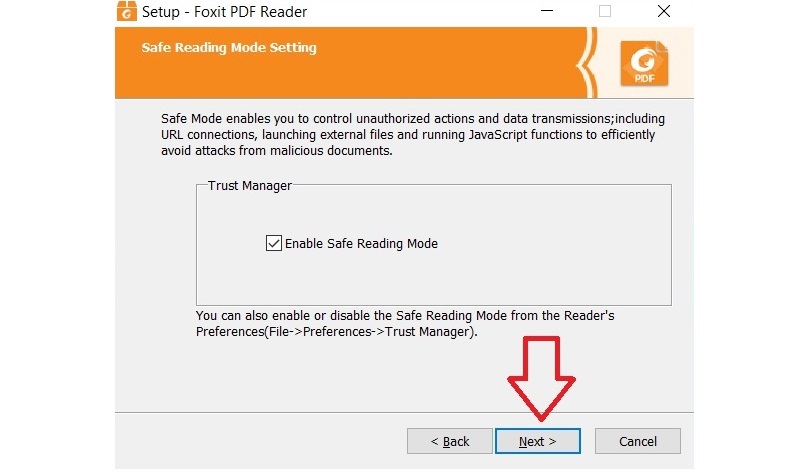 Chọn Enable safe reading mode rồi nhấn Next